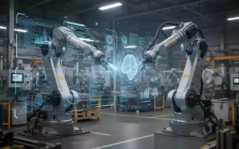 Ein Roboterarm interagiert mit einer holografischen Anzeige, die Daten, KI und Code in einer Fabrikumgebung darstellt. - Foto: über boerse-global.de