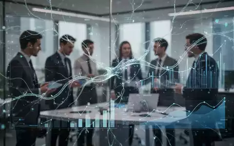 Abstrakte Darstellung von KI-Integration in Unternehmen mit leuchtenden neuronalen Netzen und digitalen Daten über Büroarbeitern. - Foto: über boerse-global.de