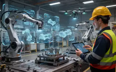 Eine futuristische Fabrikhalle mit Robotern, Drohnen und Hologrammen, die digitale Sicherheit und Prävention darstellen. - Foto: über boerse-global.de