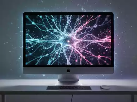Moderner Apple iMac 2024 mit abstrakten KI-Neuronalnetz-Grafiken auf dem Bildschirm, auf einem minimalistischen Schreibtisch. - Foto: über boerse-global.de