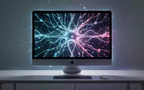 Moderner Apple iMac 2024 mit abstrakten KI-Neuronalnetz-Grafiken auf dem Bildschirm, auf einem minimalistischen Schreibtisch. - Foto: über boerse-global.de