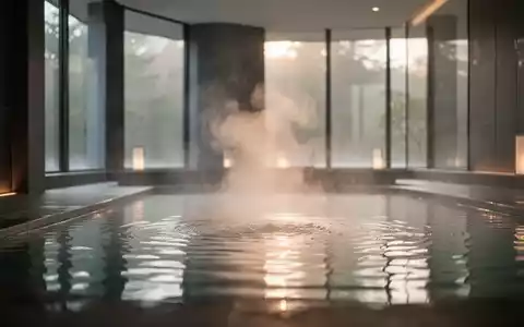 Ein ruhiges Thermalbad mit aufsteigendem Dampf, warmes Licht fällt durch große Fenster und schafft eine entspannende Atmosphäre. - Foto: über boerse-global.de