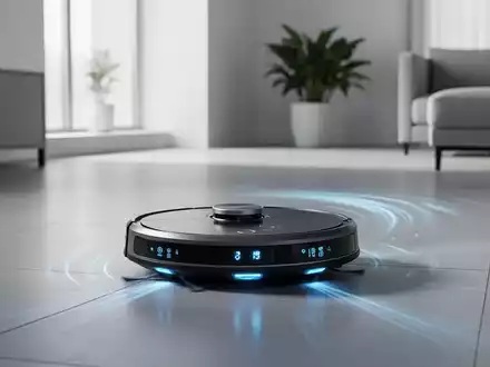 Ein moderner Saugroboter reinigt einen Boden in einem eleganten, aufgeräumten Zuhause, umgeben von sanftem, technologischem Licht. - Foto: über boerse-global.de