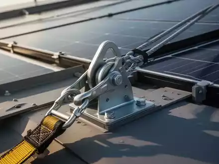 Nahaufnahme eines Anschlagpunkts für Absturzsicherung auf einem modernen Dach mit Solarmodulen im Hintergrund, Fokus auf Sicherheit und Technik. - Foto: über boerse-global.de