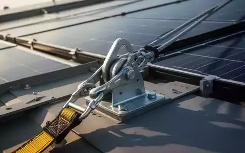 Nahaufnahme eines Anschlagpunkts für Absturzsicherung auf einem modernen Dach mit Solarmodulen im Hintergrund, Fokus auf Sicherheit und Technik. - Foto: über boerse-global.de