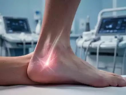 Nahaufnahme einer menschlichen Achillessehne mit medizinischer Ausrüstung im Hintergrund, die Therapie und Diagnostik symbolisiert. - Foto: über boerse-global.de