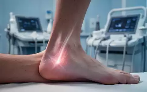 Nahaufnahme einer menschlichen Achillessehne mit medizinischer Ausrüstung im Hintergrund, die Therapie und Diagnostik symbolisiert. - Foto: über boerse-global.de