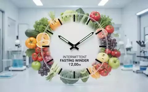 Eine stilisierte Uhr, die ein Intervallfastenfenster anzeigt, überlagert mit verschwommenen Bildern von gesunden Lebensmitteln wie Gemüse und Obst. - Foto: über boerse-global.de