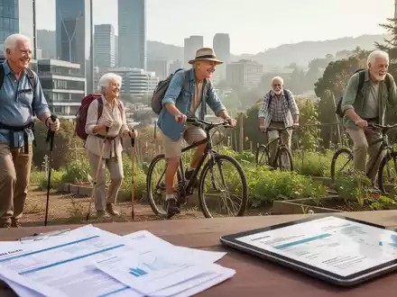 Ältere Menschen, die aktiv und gesund aussehen, wandern, radeln oder gärtnern, mit Finanzdokumenten im Vordergrund. - Foto: über boerse-global.de