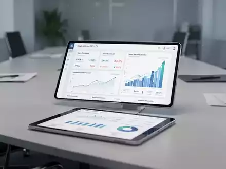 Ein Tablet auf einem modernen Konferenztisch zeigt Finanzdiagramme und -grafiken, umgeben von verschwommenen Büroeinrichtungen. - Foto: über boerse-global.de