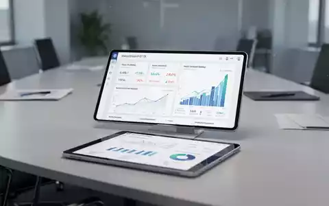 Ein Tablet auf einem modernen Konferenztisch zeigt Finanzdiagramme und -grafiken, umgeben von verschwommenen Büroeinrichtungen. - Foto: über boerse-global.de