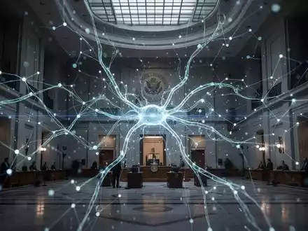 Ein abstraktes, leuchtendes neuronales Netzwerk überlagert das Innere eines modernen Regierungsgebäudes, symbolisiert KI in der Verwaltung. - Foto: über boerse-global.de
