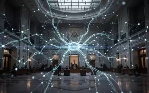 Ein abstraktes, leuchtendes neuronales Netzwerk überlagert das Innere eines modernen Regierungsgebäudes, symbolisiert KI in der Verwaltung. - Foto: über boerse-global.de