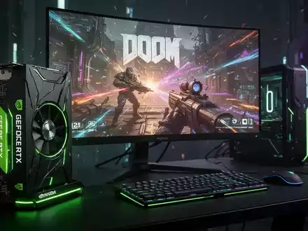 Leuchtende NVIDIA GeForce RTX Grafikkarte in High-End Gaming-PC, Spiel auf Monitor. - Foto: über boerse-global.de