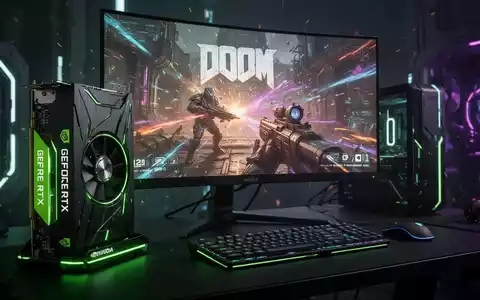 Leuchtende NVIDIA GeForce RTX Grafikkarte in High-End Gaming-PC, Spiel auf Monitor. - Foto: über boerse-global.de