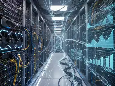 Stilisierte Rechenzentrumsszene mit leuchtenden GPU-Racks und Datenströmen, Symbol für KI und Datenanalyse. - Foto: über boerse-global.de