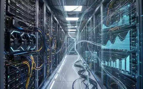 Stilisierte Rechenzentrumsszene mit leuchtenden GPU-Racks und Datenströmen, Symbol für KI und Datenanalyse. - Foto: über boerse-global.de