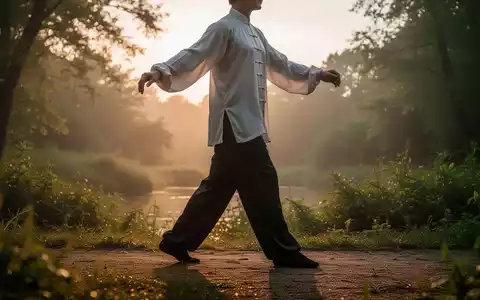 Eine Person praktiziert Tai Chi Walking in einer ruhigen, natürlichen Umgebung bei Sonnenaufgang, mit Fokus auf Balance und Bewegung. - Foto: über boerse-global.de