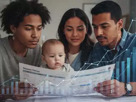 Eine junge Familie, bestehend aus Eltern und einem Baby, betrachtet nachdenklich offizielle Dokumente, die finanzielle Planung und staatliche Unterstützung symbolisieren. - Foto: über boerse-global.de