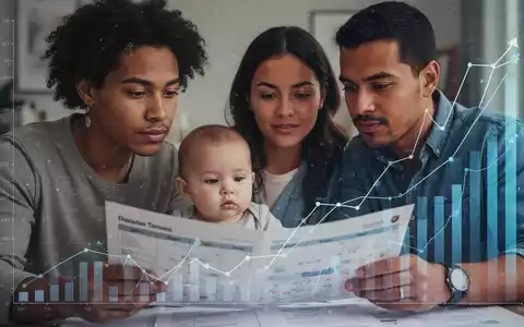 Eine junge Familie, bestehend aus Eltern und einem Baby, betrachtet nachdenklich offizielle Dokumente, die finanzielle Planung und staatliche Unterstützung symbolisieren. - Foto: über boerse-global.de