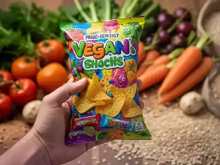 Eine Hand hält einen verarbeiteten veganen Snack, im unscharfen Hintergrund sind frisches Gemüse und Vollkornprodukte zu sehen. - Foto: über boerse-global.de