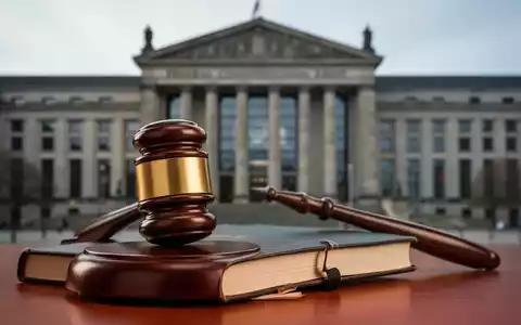 Ein stilisierter Hammer auf einem Gesetzbuch, mit dem Bundesverfassungsgericht Karlsruhe im unscharfen Hintergrund. - Foto: über boerse-global.de