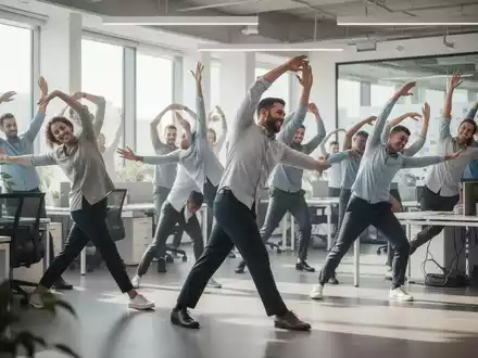 Mitarbeiter in einem modernen Büro machen Dehnübungen und bewegen sich, um langes Sitzen zu vermeiden. - Foto: über boerse-global.de