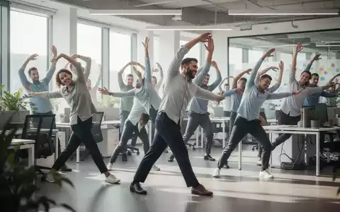 Mitarbeiter in einem modernen Büro machen Dehnübungen und bewegen sich, um langes Sitzen zu vermeiden. - Foto: über boerse-global.de