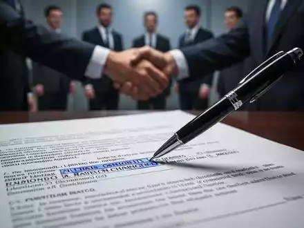 Ein Stift zeigt auf eine Klausel in einem juristischen Dokument, im Hintergrund unscharf Anzugträger, die Hände schütteln. - Foto: über boerse-global.de
