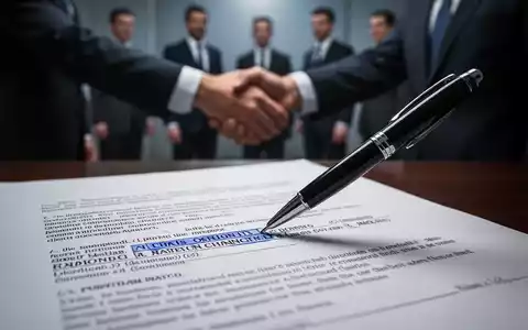 Ein Stift zeigt auf eine Klausel in einem juristischen Dokument, im Hintergrund unscharf Anzugträger, die Hände schütteln. - Foto: über boerse-global.de