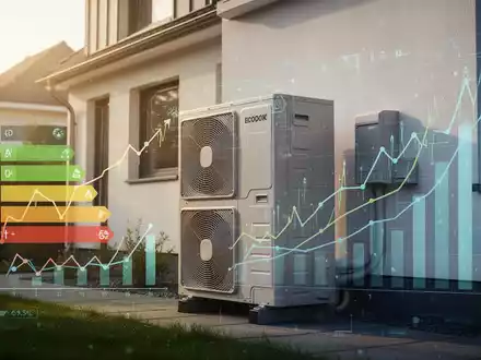 Eine moderne Wärmepumpe an einem Wohngebäude mit stilisierten digitalen Überlagerungen, die Energieeffizienz und finanzielle Aspekte darstellen. - Foto: über boerse-global.de