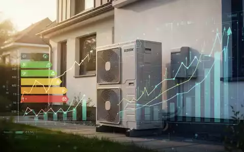 Eine moderne Wärmepumpe an einem Wohngebäude mit stilisierten digitalen Überlagerungen, die Energieeffizienz und finanzielle Aspekte darstellen. - Foto: über boerse-global.de