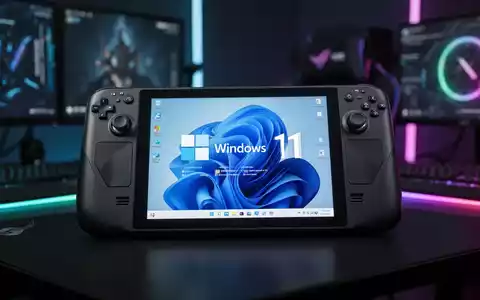 Zukunftsschwarze Spielehandheld-Konsole mit Windows-11-Desktop auf hochtechnischem Hintergrund. - Foto: über boerse-global.de