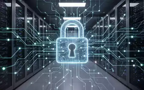 Ein stilisiertes digitales Vorhängeschloss über einem Netzwerk aus leuchtenden Datenleitungen und Servern in einem dunklen Rechenzentrum. - Foto: über boerse-global.de