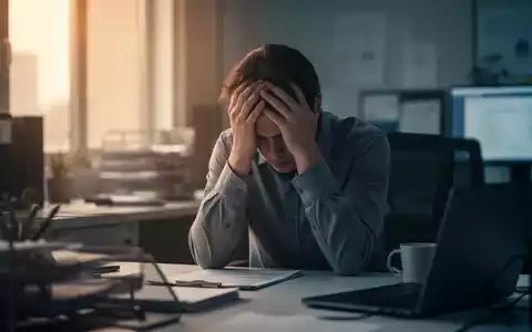 Eine Person sitzt mit dem Kopf in den Händen an einem Schreibtisch, umgeben von verschwommenen Büromöbeln, die Stress und Burnout symbolisieren. - Foto: über boerse-global.de