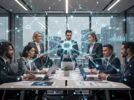Ein stilisiertes, leuchtendes neuronales Netz überlagert ein modernes Büro, in dem Fachleute zusammenarbeiten. - Foto: über boerse-global.de