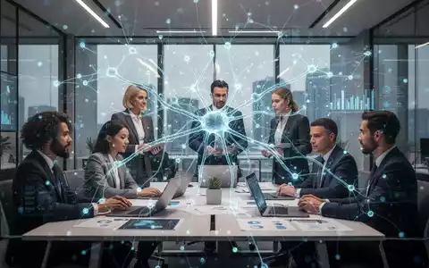 Ein stilisiertes, leuchtendes neuronales Netz überlagert ein modernes Büro, in dem Fachleute zusammenarbeiten. - Foto: über boerse-global.de