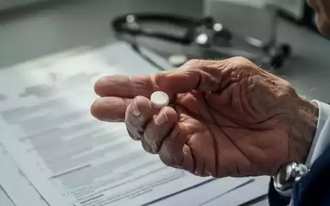 Eine Nahaufnahme der Hand einer älteren Person, die eine weiße Pille hält, mit einem unscharfen medizinischen Hintergrund. - Foto: über boerse-global.de