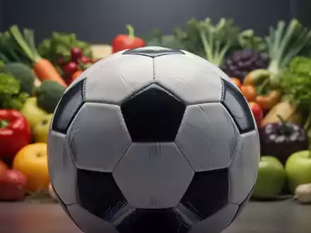 Ein Fußball liegt vor einem verschwommenen Hintergrund aus frischem Obst und Gemüse, symbolisiert die Partnerschaft zwischen Sport und Ernährung. - Foto: über boerse-global.de