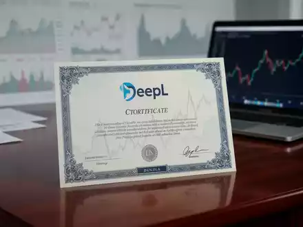 Eine einzelne DeepL-Aktie liegt auf einem Schreibtisch, mit einem stagnierenden Kursdiagramm im Hintergrund. - Foto: über boerse-global.de