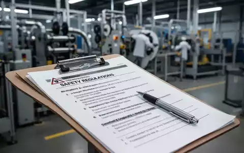Ein Klemmbrett mit Dokumenten und einem Stift, im unscharfen Hintergrund moderne Industriemaschinen. Fokus auf Arbeitsschutz und Dokumentation. - Foto: über boerse-global.de