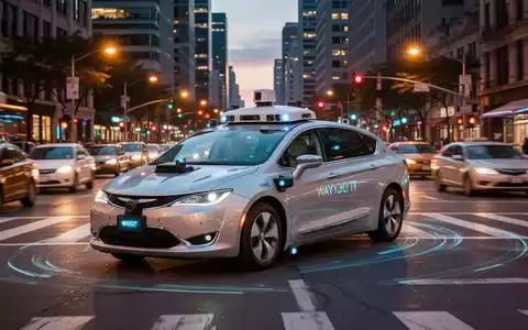 Ein Waymo-Selbstfahrer mit markanten Sensoren fährt in der Dämmerung durch eine belebte Stadtstraße, umgeben von Fahrzeugen und Lichtern. - Foto: über boerse-global.de