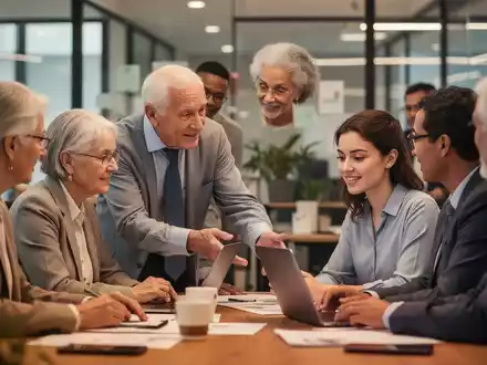 Eine Gruppe von Fachkräften verschiedener Generationen arbeitet in einem modernen Büro zusammen, mit Fokus auf Wissenstransfer. - Foto: über boerse-global.de