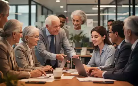 Eine Gruppe von Fachkräften verschiedener Generationen arbeitet in einem modernen Büro zusammen, mit Fokus auf Wissenstransfer. - Foto: über boerse-global.de