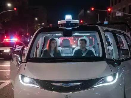 Waymo-Robotaxi hält nachts an Kreuzung, Blaulicht blinkt, zwei Personen im Fahrzeug sichtbar. - Foto: über boerse-global.de