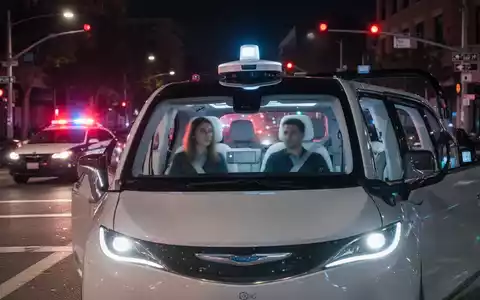 Waymo-Robotaxi hält nachts an Kreuzung, Blaulicht blinkt, zwei Personen im Fahrzeug sichtbar. - Foto: über boerse-global.de