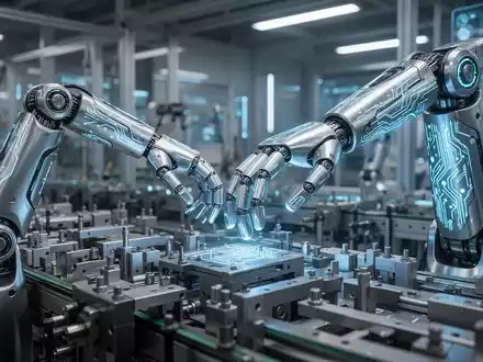 Hochentwickelter humanoider Roboterarm mit blauen Leuchtschaltkreisen, der präzise Komponenten auf einer industriellen Fertigungsstraße montiert. - Foto: über boerse-global.de