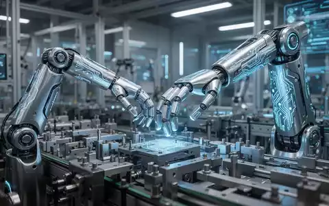 Hochentwickelter humanoider Roboterarm mit blauen Leuchtschaltkreisen, der präzise Komponenten auf einer industriellen Fertigungsstraße montiert. - Foto: über boerse-global.de