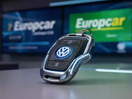 Ein Autoschlüssel mit Volkswagen-Logo vor einem digitalen Bildschirm mit Europcar-Branding. - Foto: über boerse-global.de