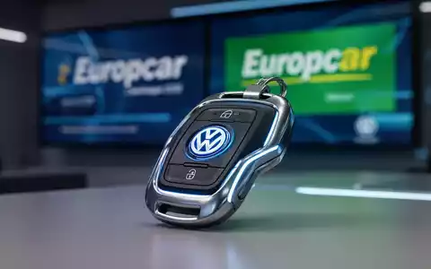 Ein Autoschlüssel mit Volkswagen-Logo vor einem digitalen Bildschirm mit Europcar-Branding. - Foto: über boerse-global.de
